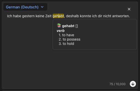 Popup dictionary showing definition for clicked word