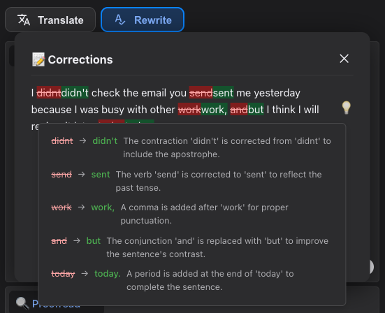 AI explanation popup with highlighted text revisions