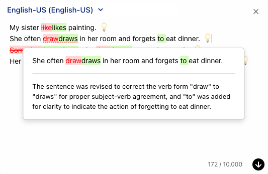 AI explanation popup with highlighted text revisions