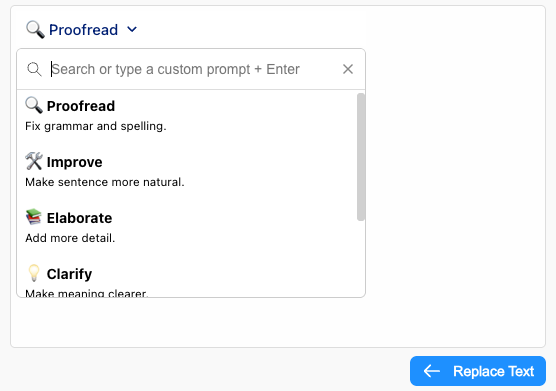 AI-powered proofreading, improving, shortening, and elaboration